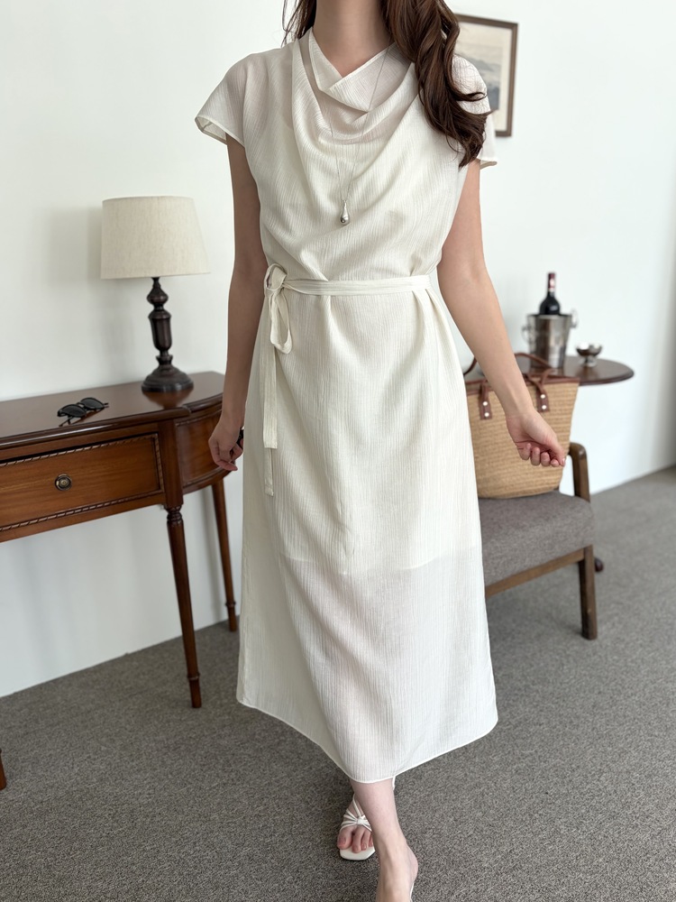 Draped Neck Dress with Inner Slip (Cream)