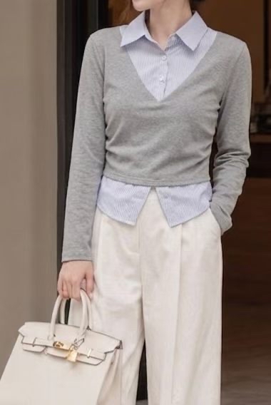 V領假兩件襯衫長袖上衣