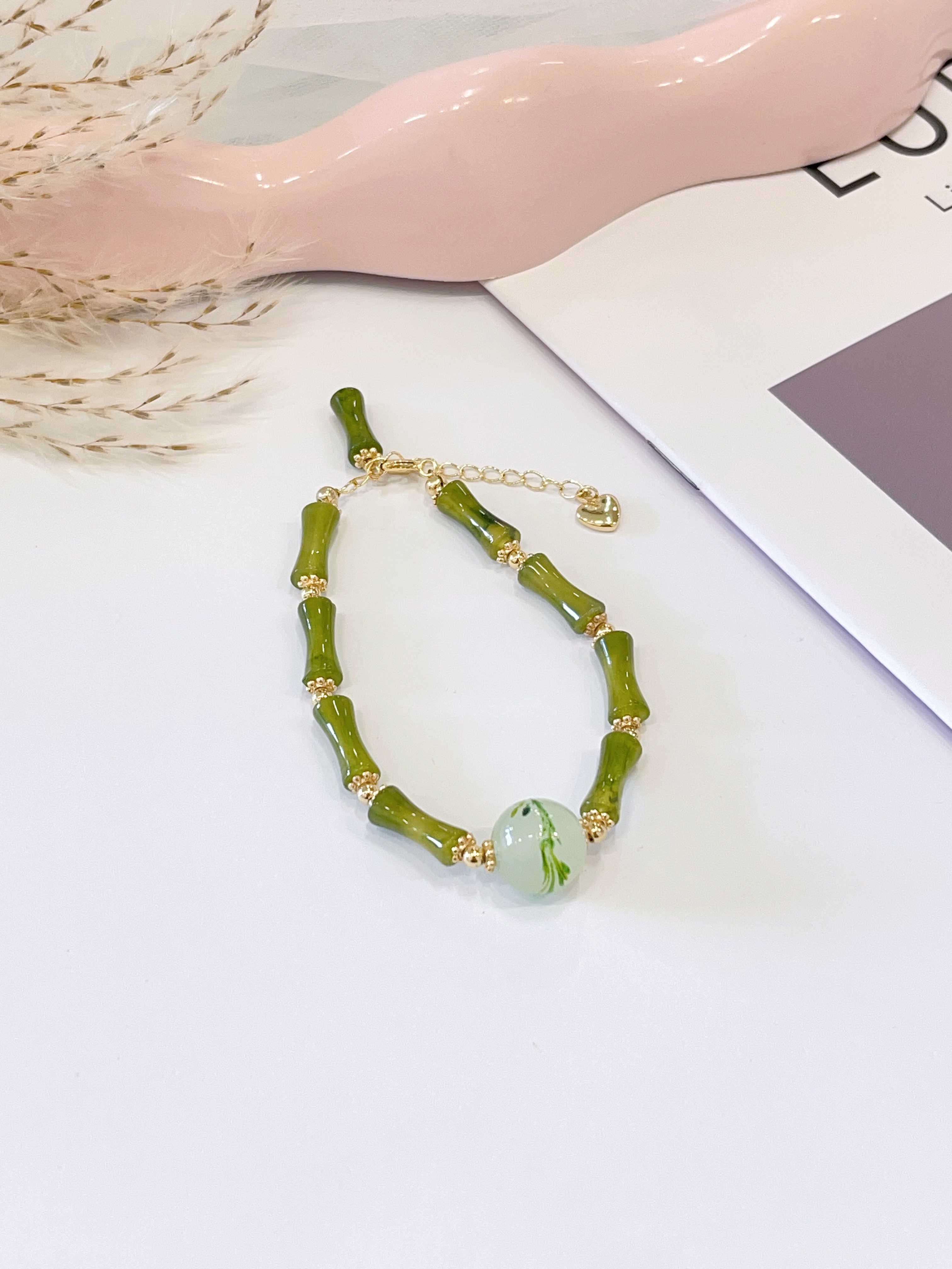 🎋🌿 绿竹节 × 凤尾花手串 Green Bamboo Joint & Phoenix Tail Flower Bracelet | 12mm