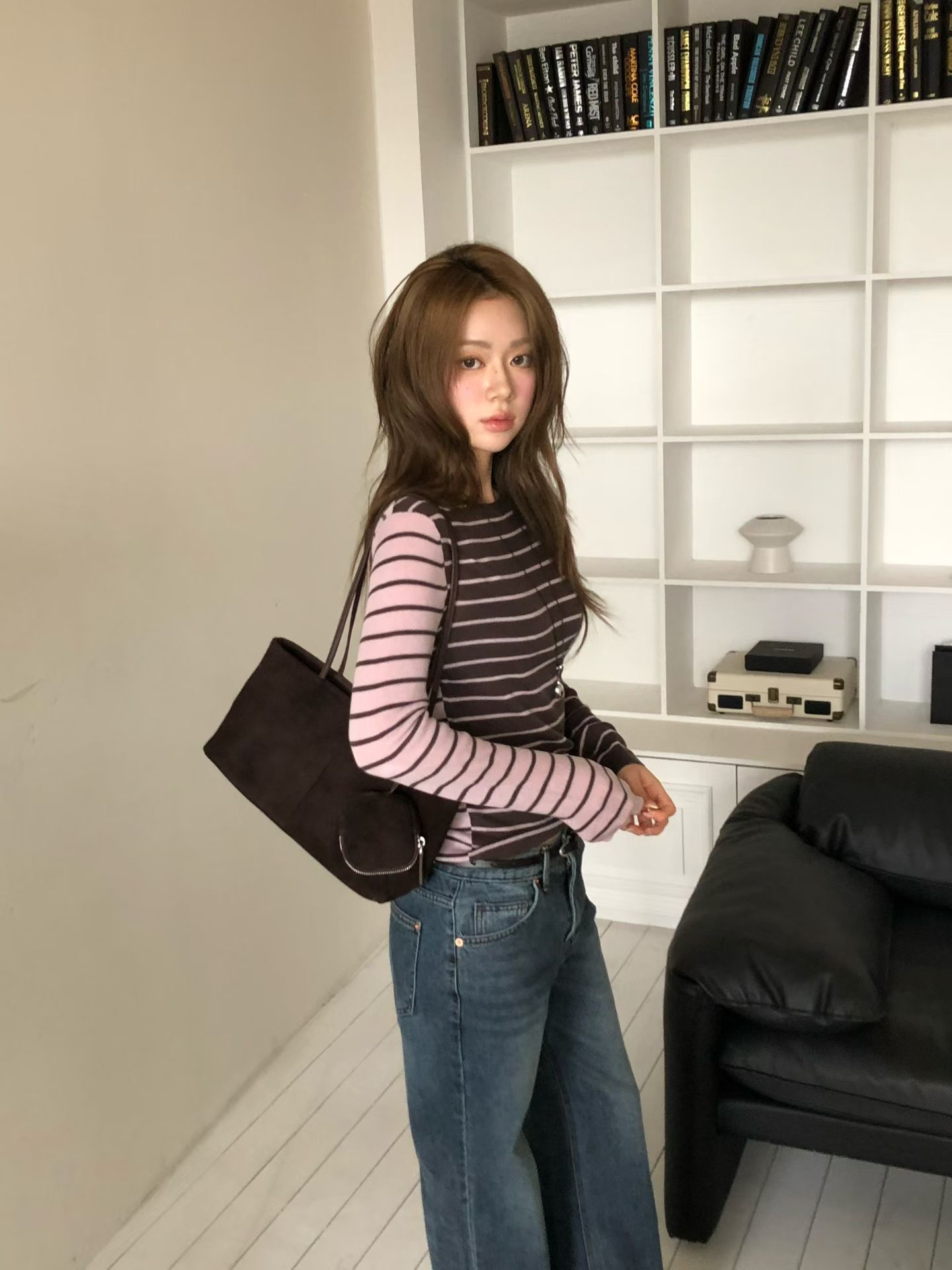 MILAE 復古麂皮牛皮手提單肩包（附同色系拉鏈小包）