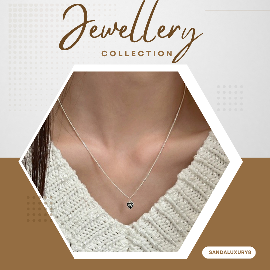 Silver chain necklace with black heart pendant  jewelry collection  SANDALUXURY8