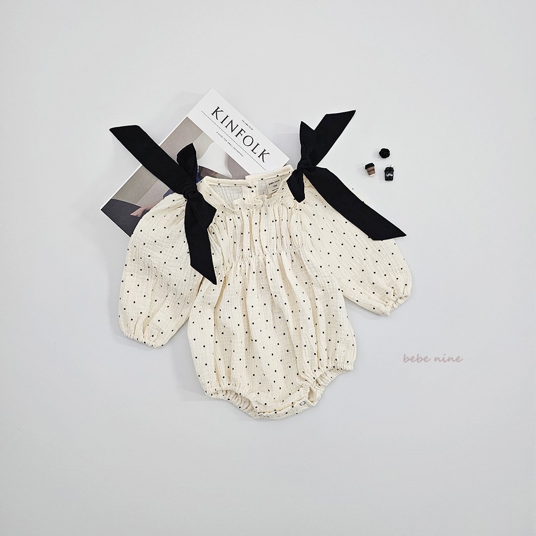 🌸預訂 韓國直送🌸🇰🇷Bebenine兩色波點花邊大絲帶棉紗長袖包屁衣