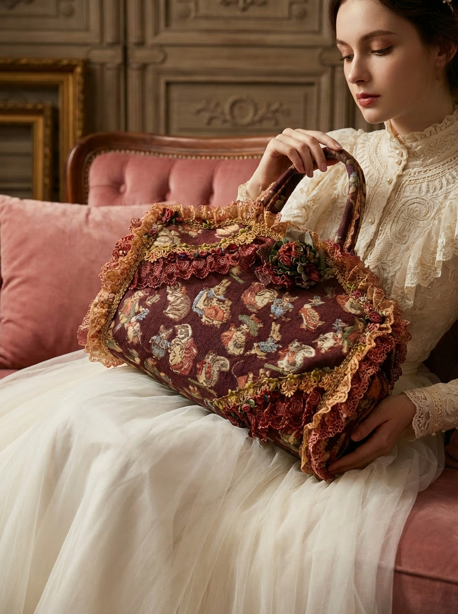 19世紀浪漫主義Peter Rabbit Antique Victorian Lace Bag