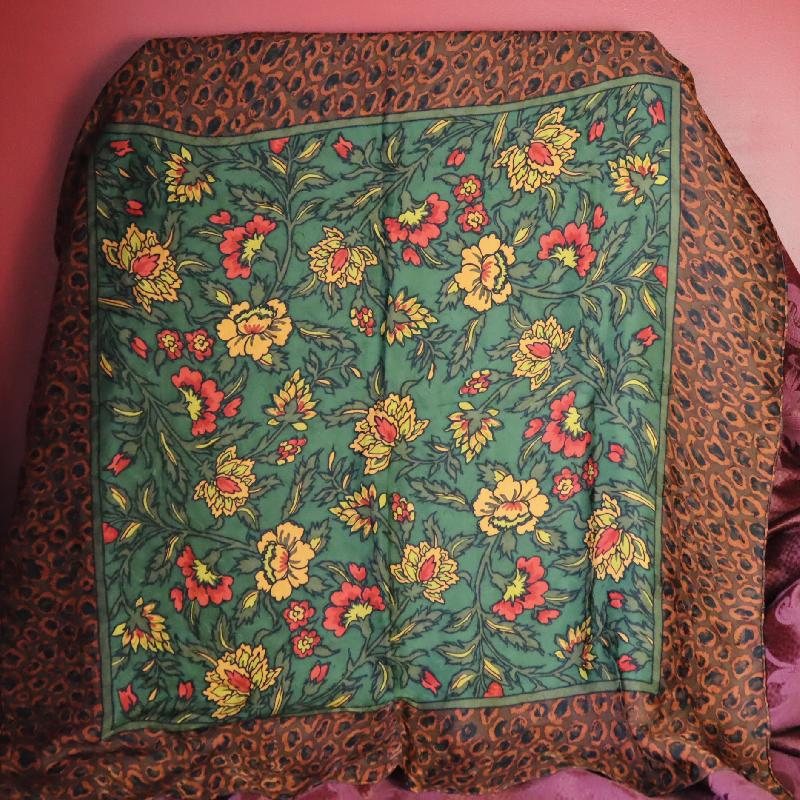 Vintage Givenchy Leopard Pattern and Floral Hand Rolled Edge Silk Scarf - 34" (MT1623-2)