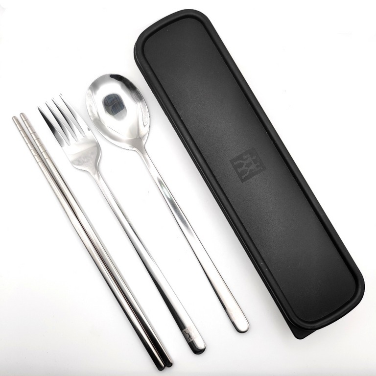 Zwilling 孖人牌便攜三件裝不銹鋼餐具連盒 叉匙羹筷子 -1套 現貨