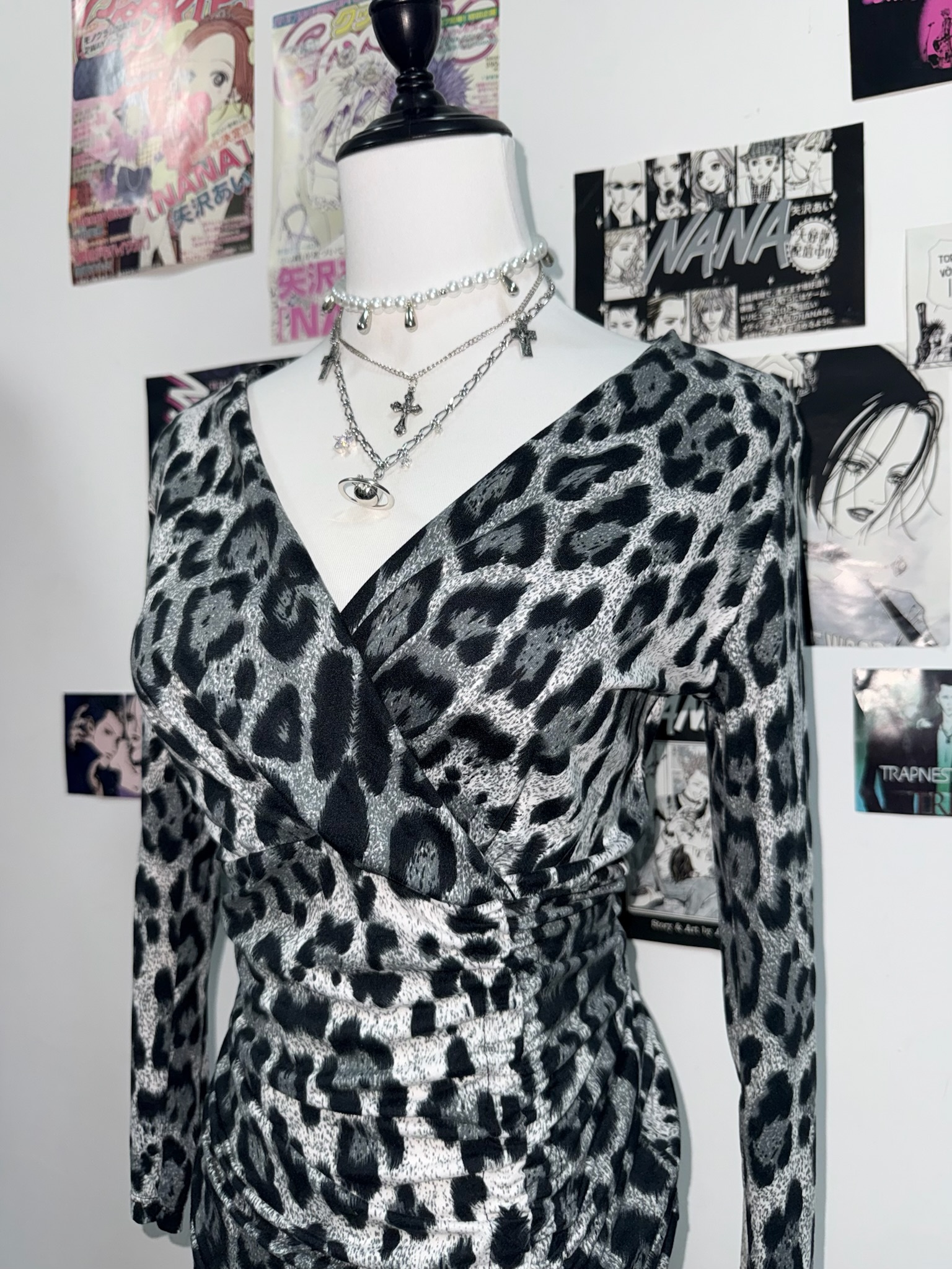 Silver Metallic Leopard Print Ruched Dress