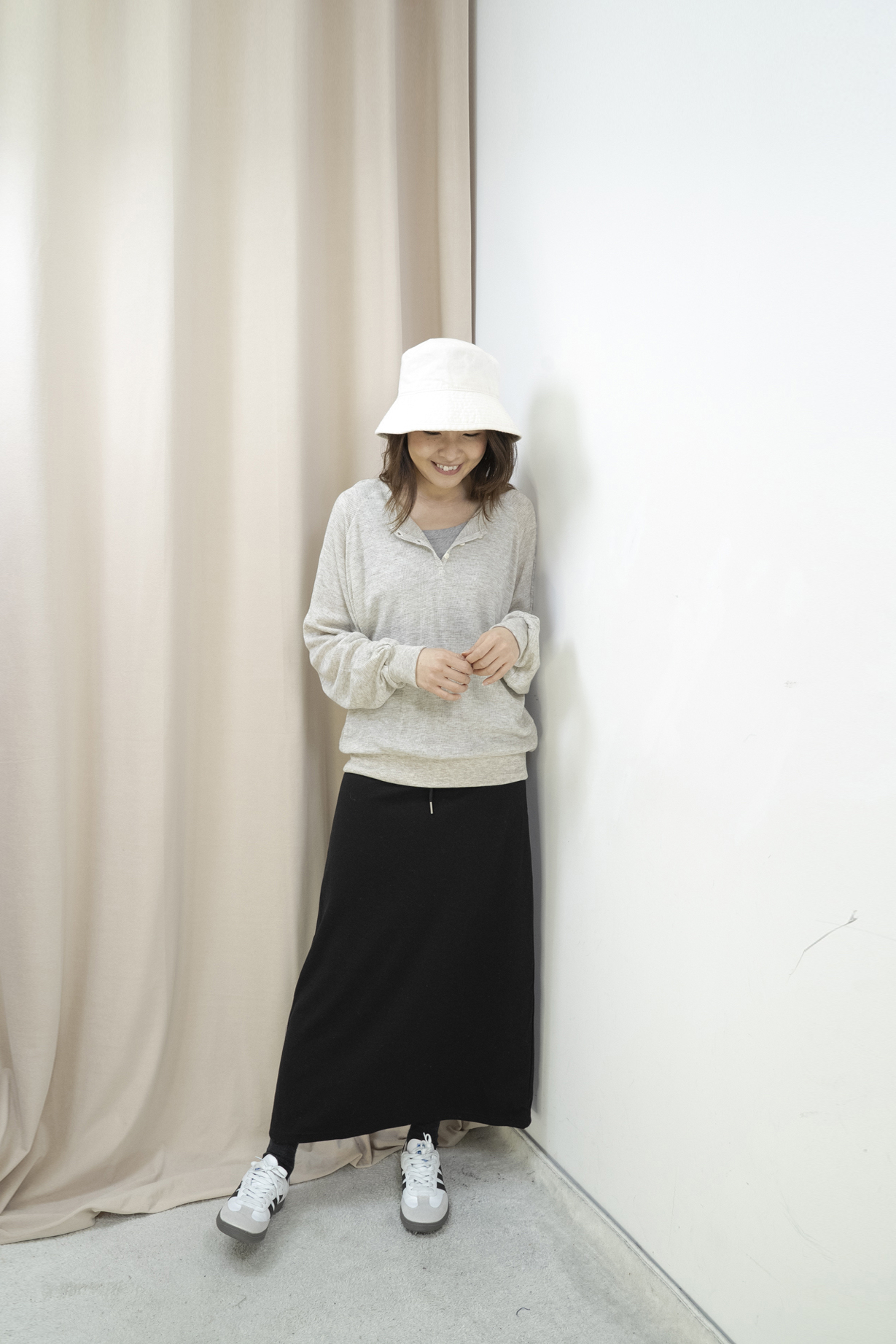 輕軟薄窩夫格紋半開胸上衣（燕麥色）