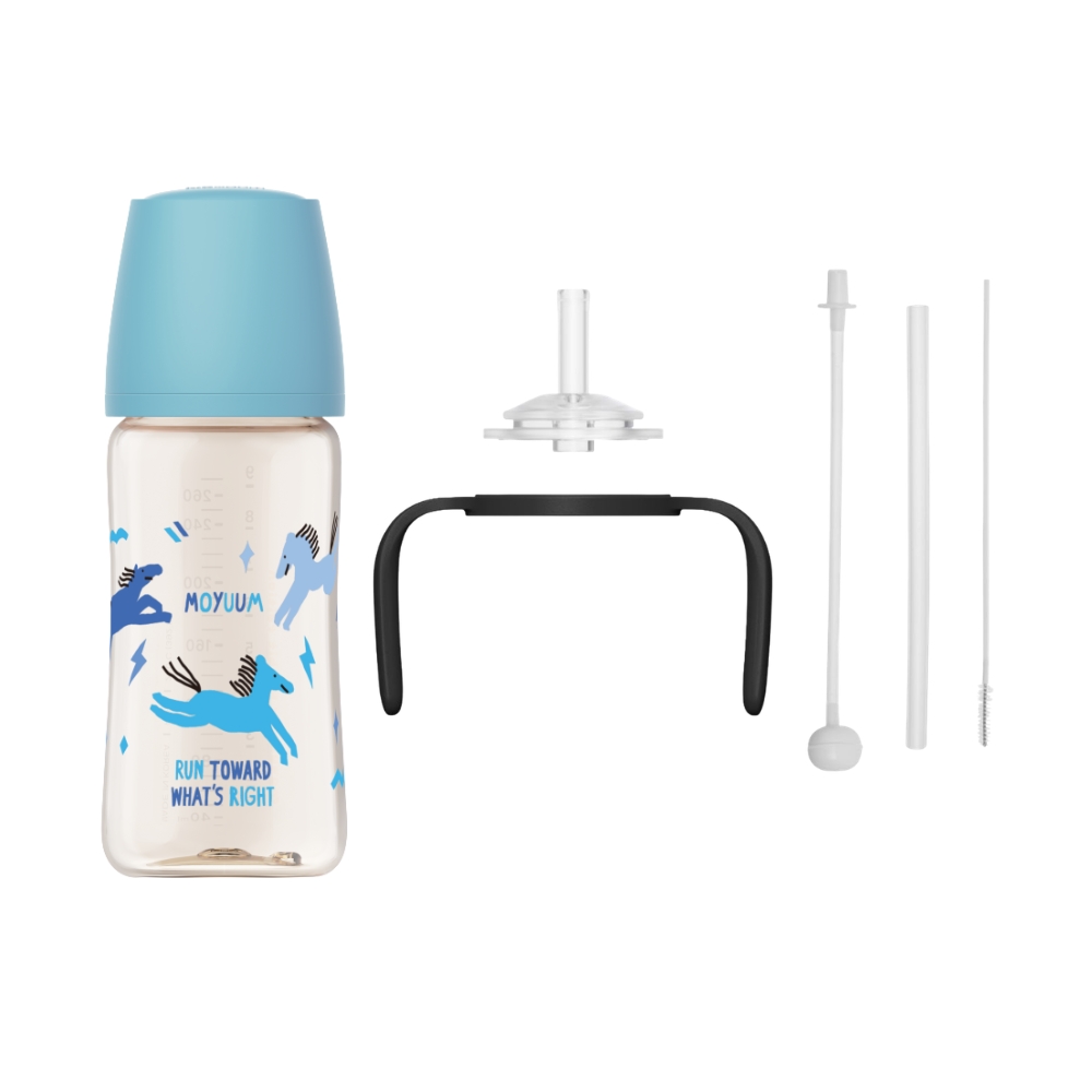 Moyuum - PPSU 寬口防漲氣奶瓶270ml（快樂小馬-藍色）+寬口奶瓶防漏學習吸管套裝(黑色)_MY252_SET