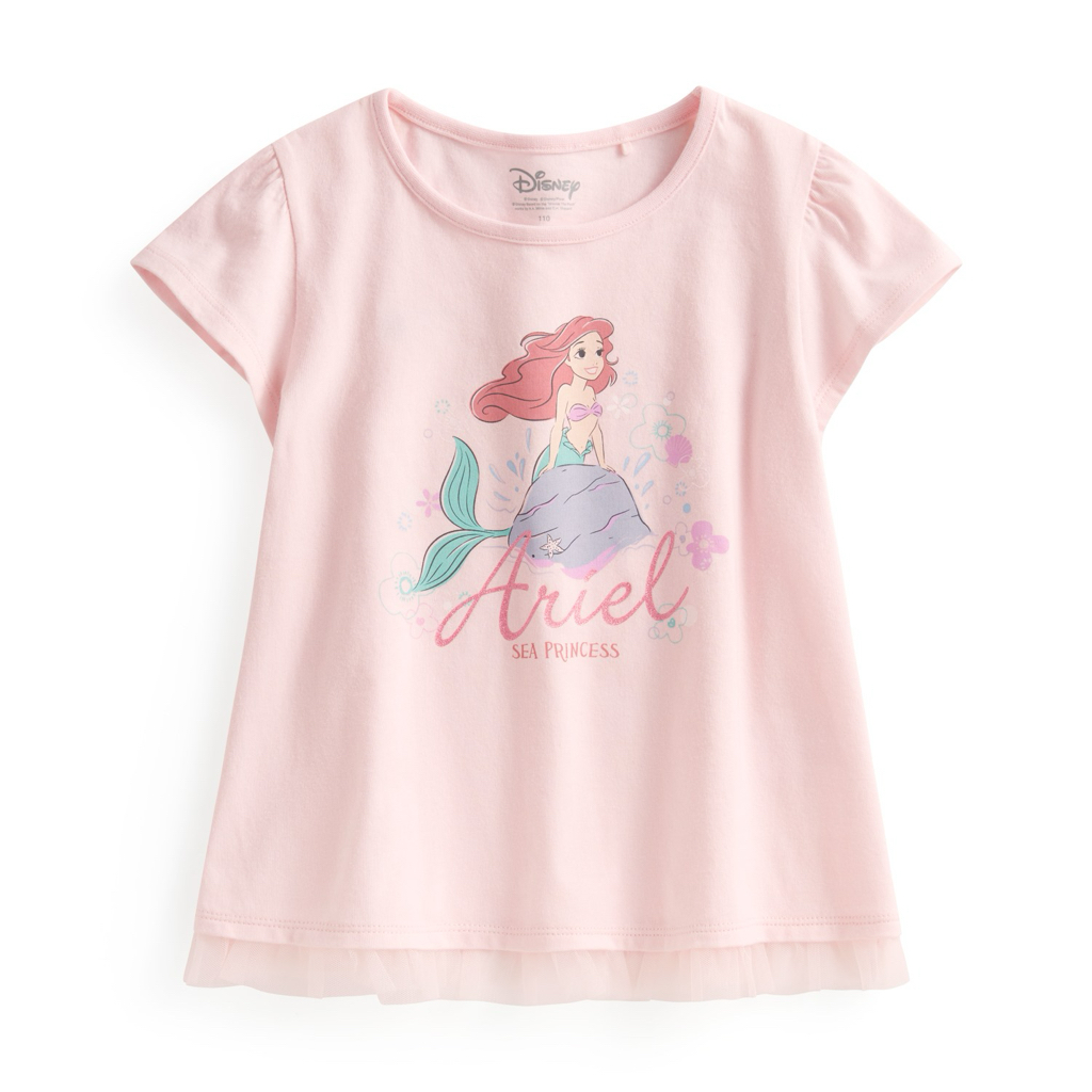 ☀️預訂 台灣直送☀️迪士尼公主系列四色網紗拼接印花純棉短袖T恤