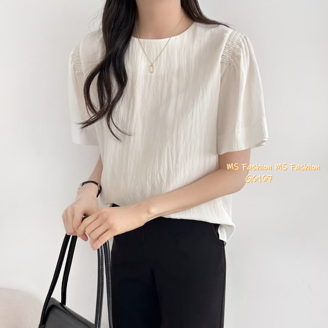 G6167 韓國🇰🇷淨色肩皺摺top