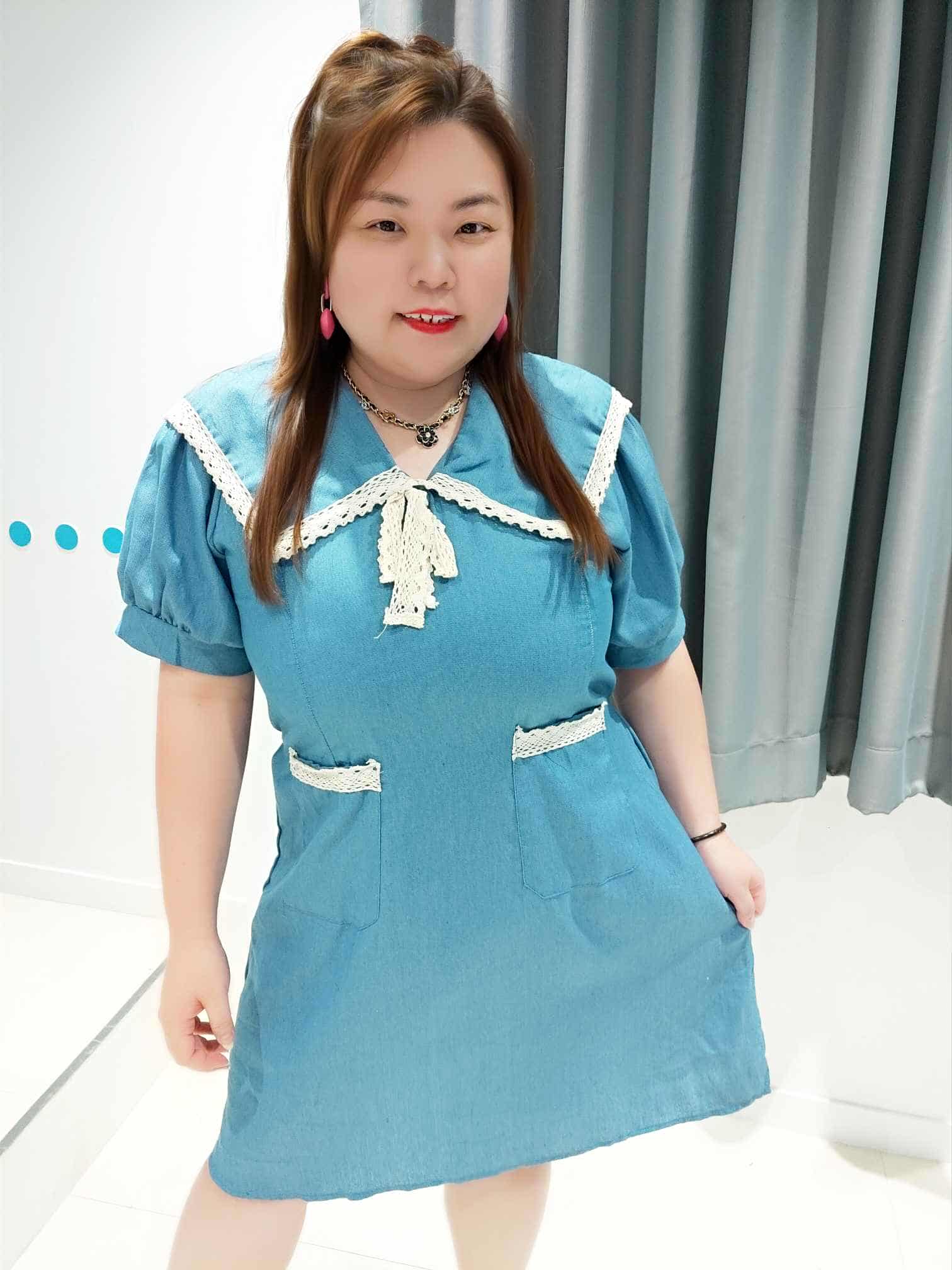 DSB06 拼筒花大衣领仿牛仔连身裙