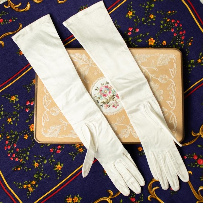Vintage Satin Textured White Elbow Length Long Evening Gloves (CE069)