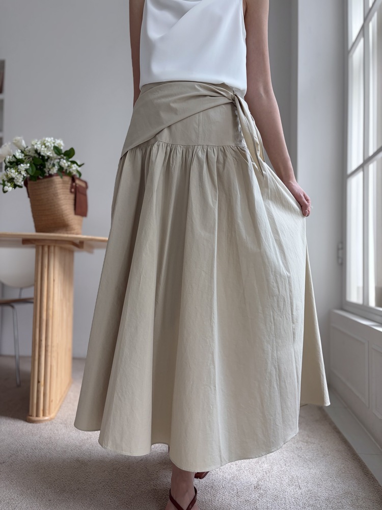 Wrap-Waist Flare Skirt (Beige)