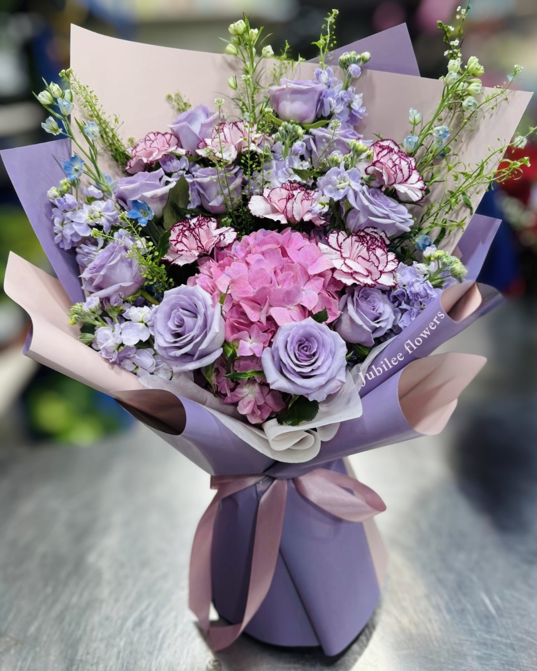 母親節 紫色系列 繡球 玫瑰 康乃馨混合花束