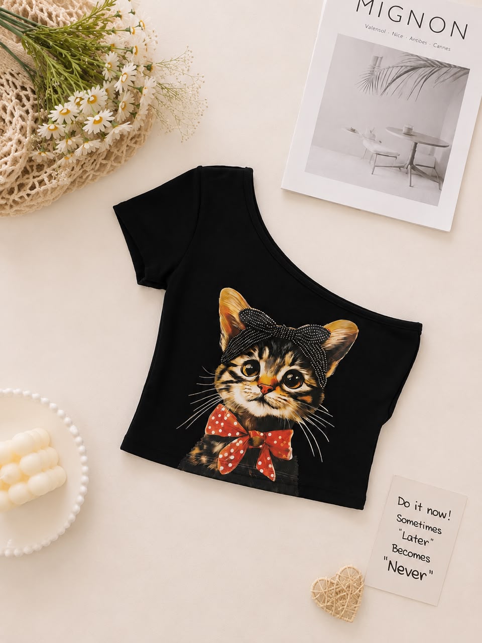 A100411 Korean Cat Print One Shoulder Crop Top