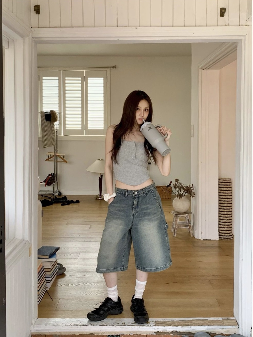 Washed Cargo Denim Bermuda Shorts