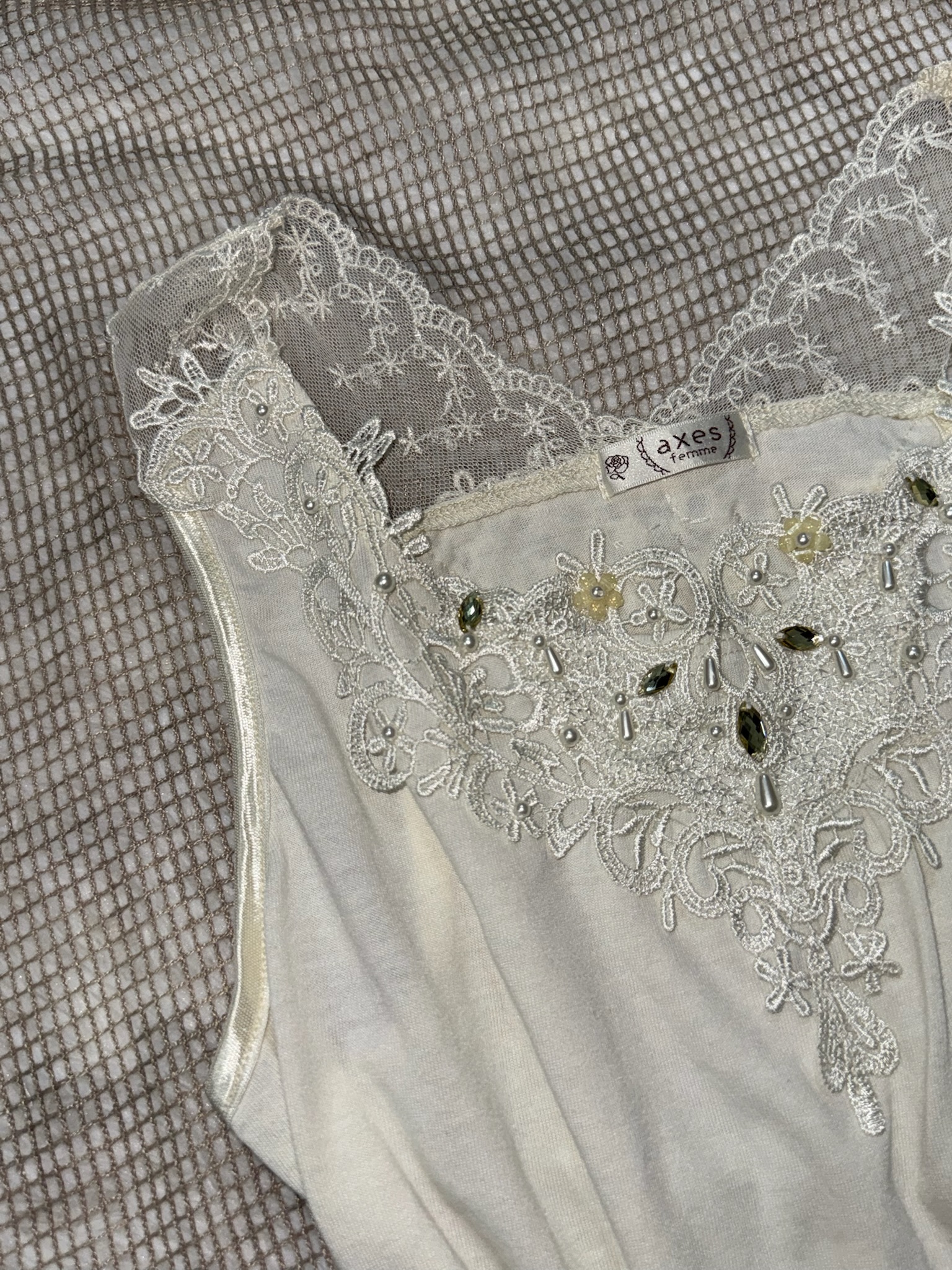 Axes Femme Off-White Tank Top with Embroidered Lace & Pearls