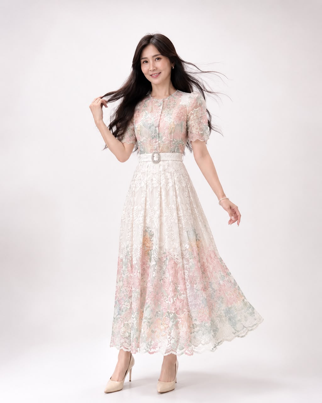 5130 Charlotte Pearl & Beaded Lace Panelled Midi Dress