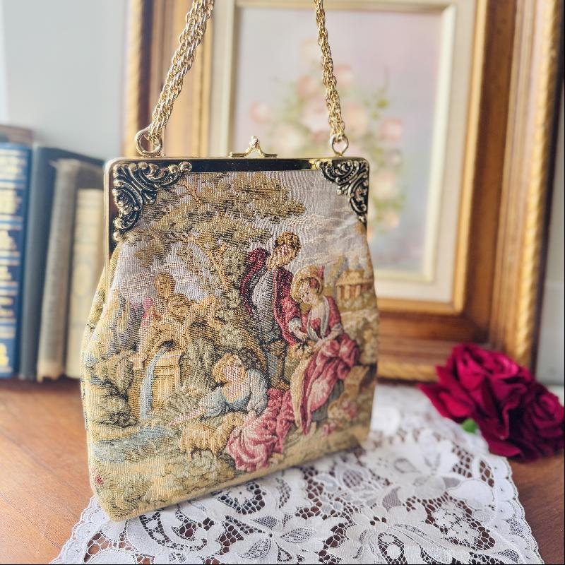 Vintage C.a. 1960-70s JR USA "Family in Countryside with a little sheep" Tapestry kisslock Bag -Two way Bag (MT2219)