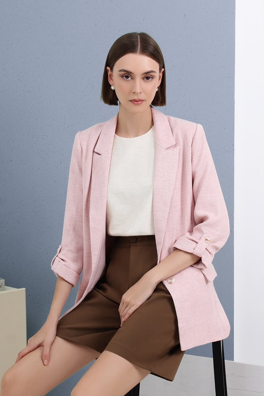 MF36075 Blush Pink Textured Longline Blazer