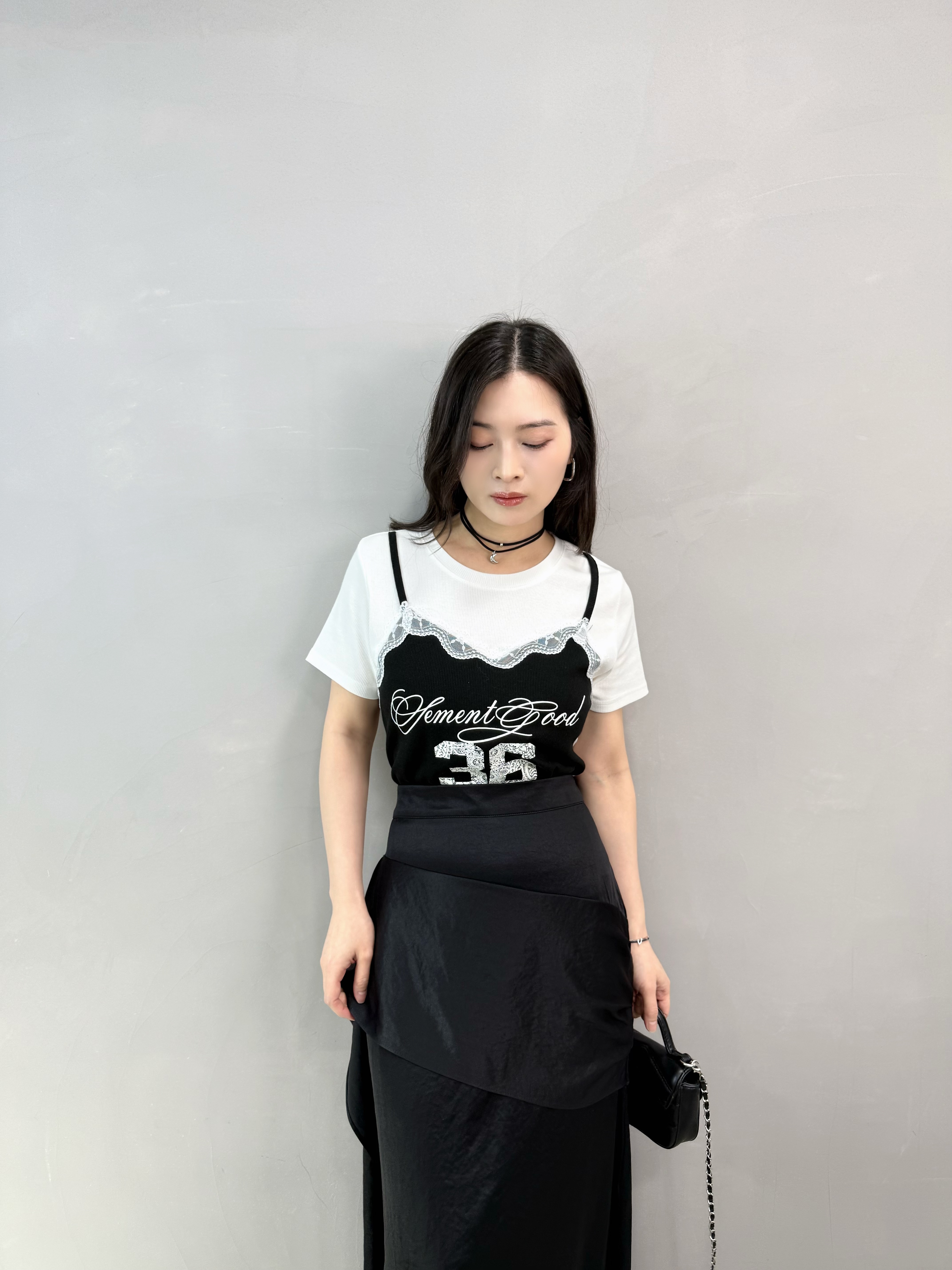 L82 假兩件Lace數字Tee