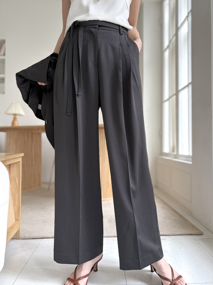 Aveline Belted Straight Slacks (Charcoal)
