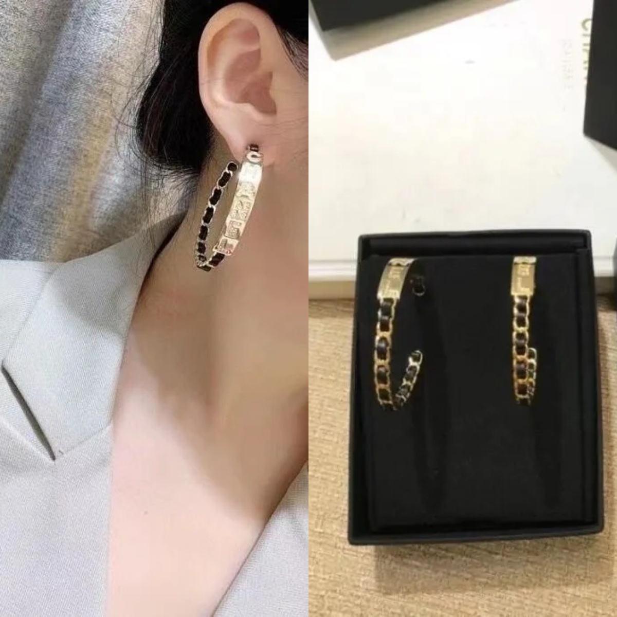 CHANEL 穿皮鏈水鑽logo耳環