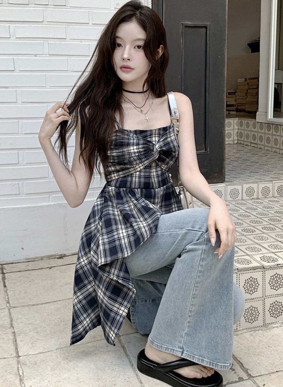 US.TP478不规则格子上衣