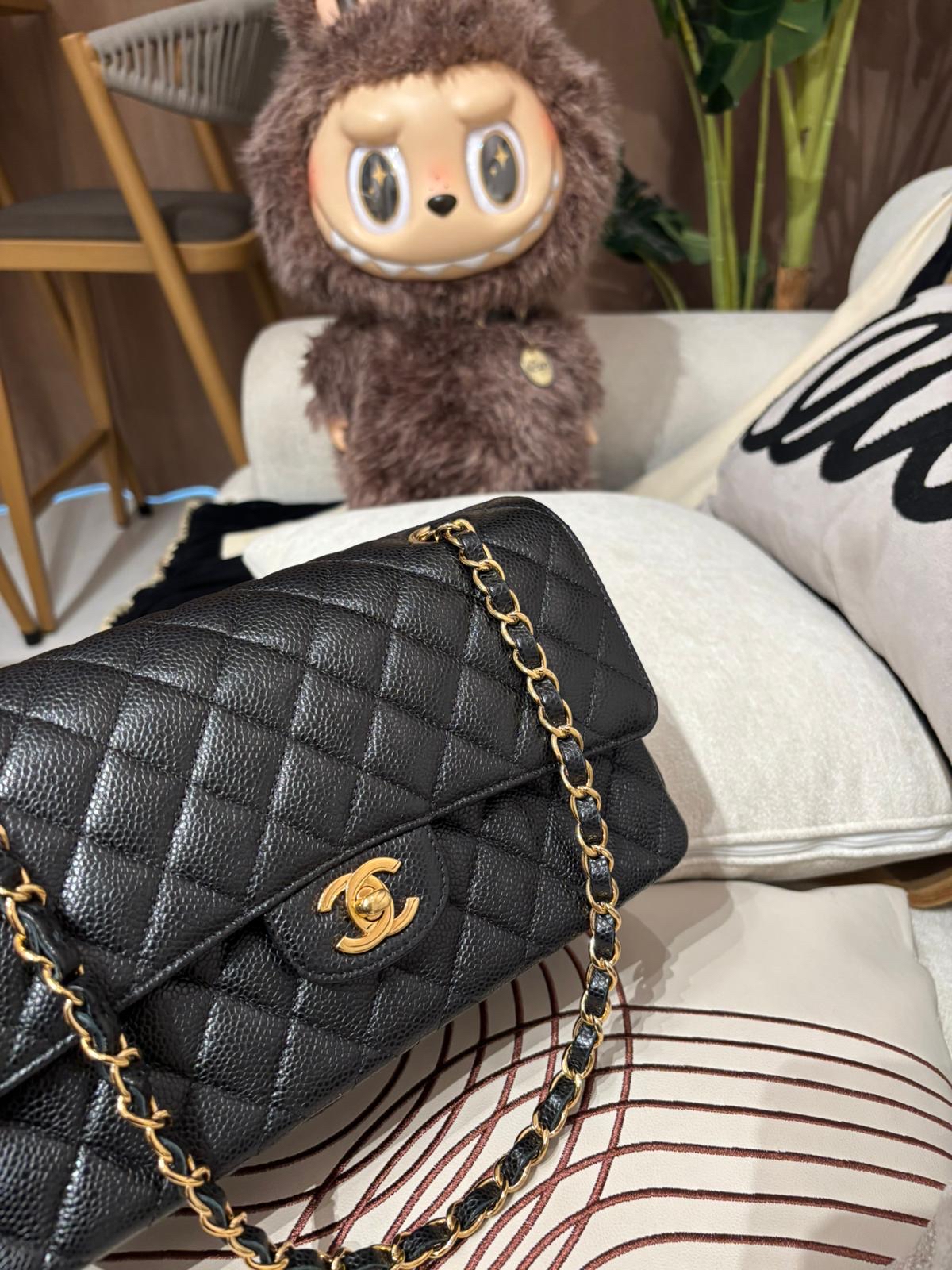 Chanel Classic Flap Medium 25cm A01112 CF25 黑色荔枝牛枝金扣 100%Authentic, 99%New ✅25Card✅Dust bag✅Box