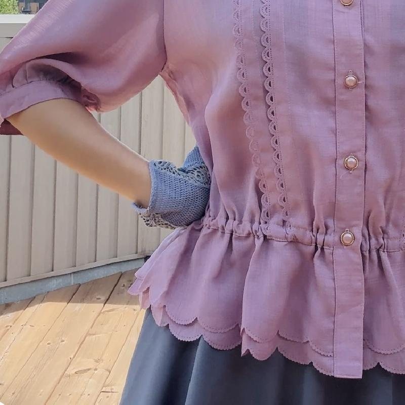 Vintage Japanese Plum Colour Cut-out Pattern Peplum Summer Blouse with Scallop Edge (MT2349)