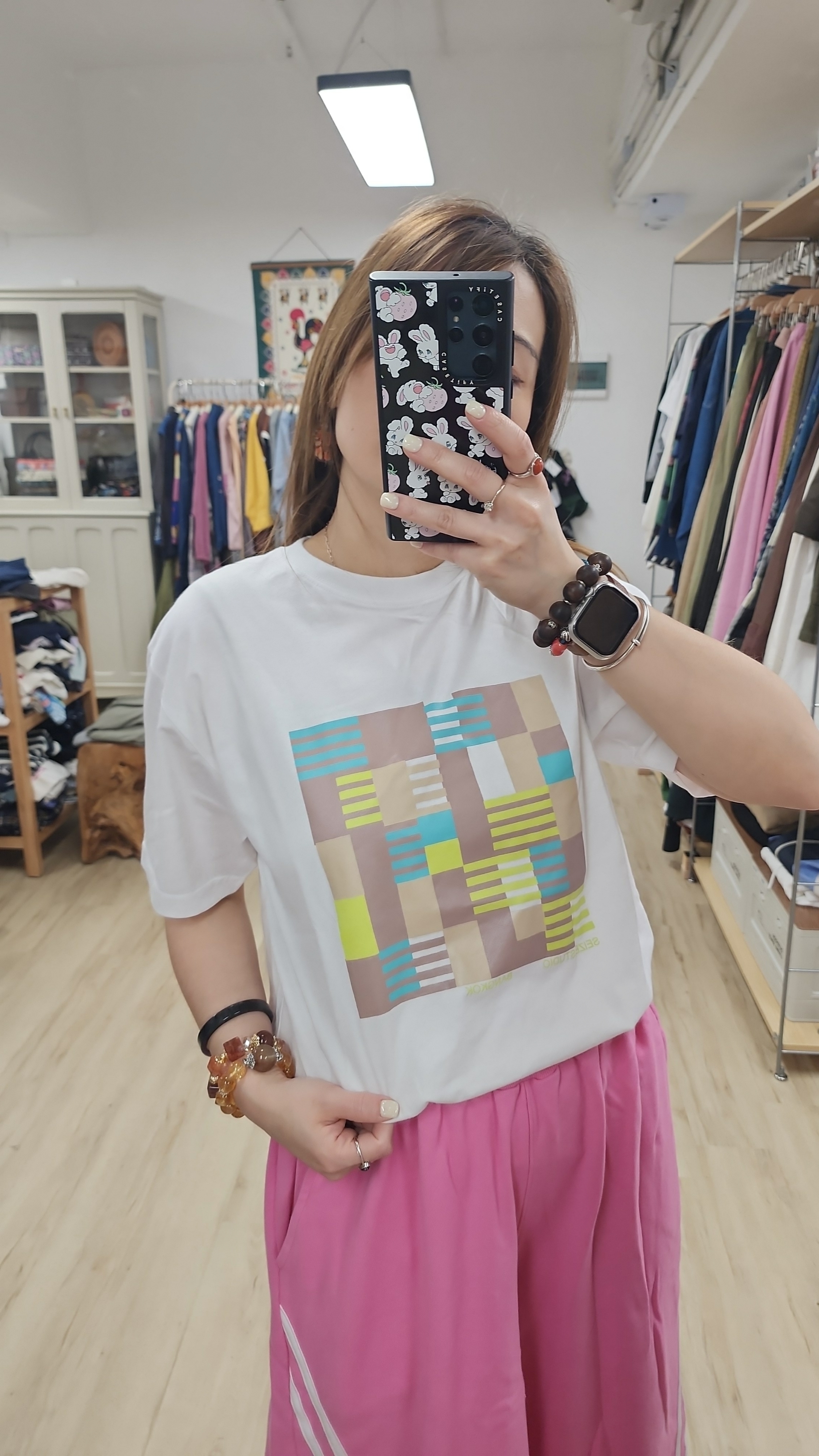 泰國白拼色方格仔印圖棉Tee