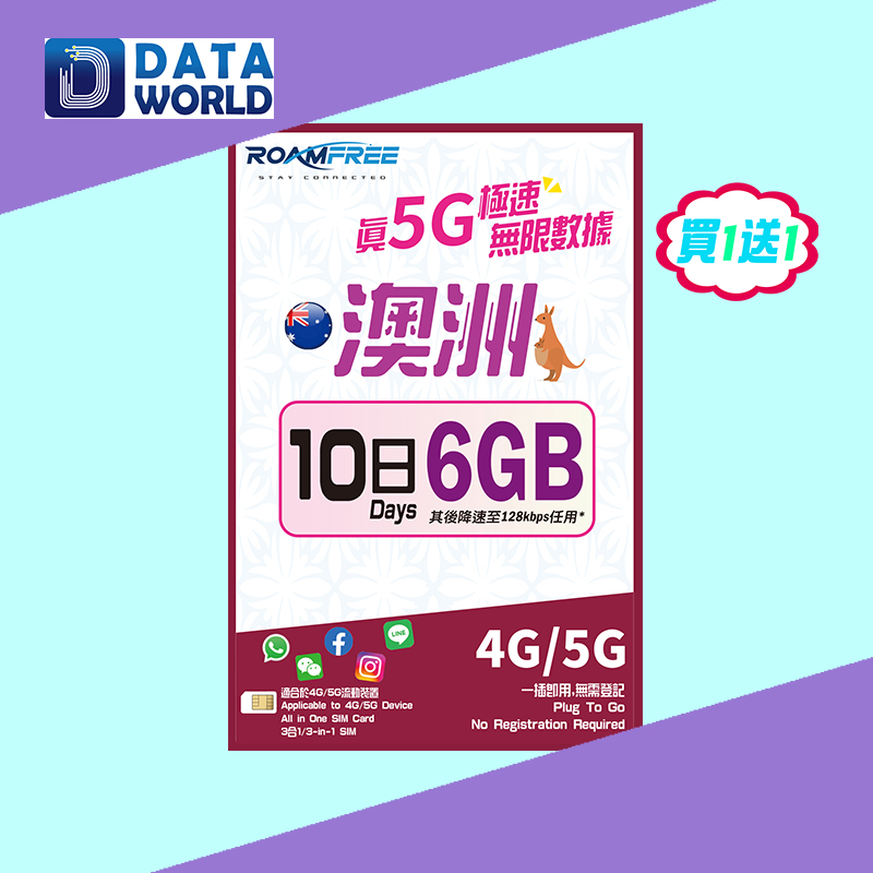 【買1送1優惠】Roamfree X 3HK 4G/5G 澳洲10日無限數據卡 x2