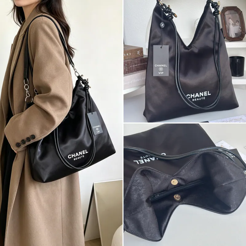 CHANEL 黑緞面抽繩托特