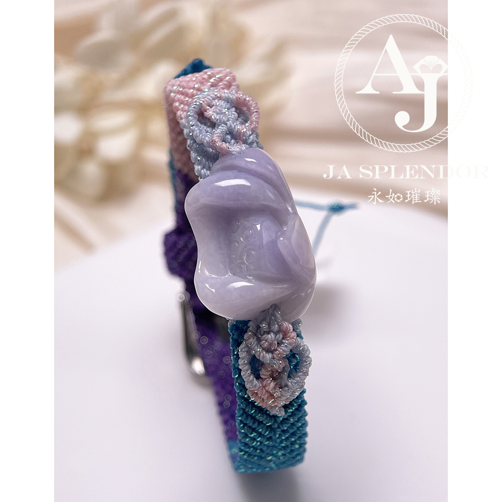JN-3532 天然翡翠A玉- 春彩濃紫蓮花清心安神蠟繩編織手帶