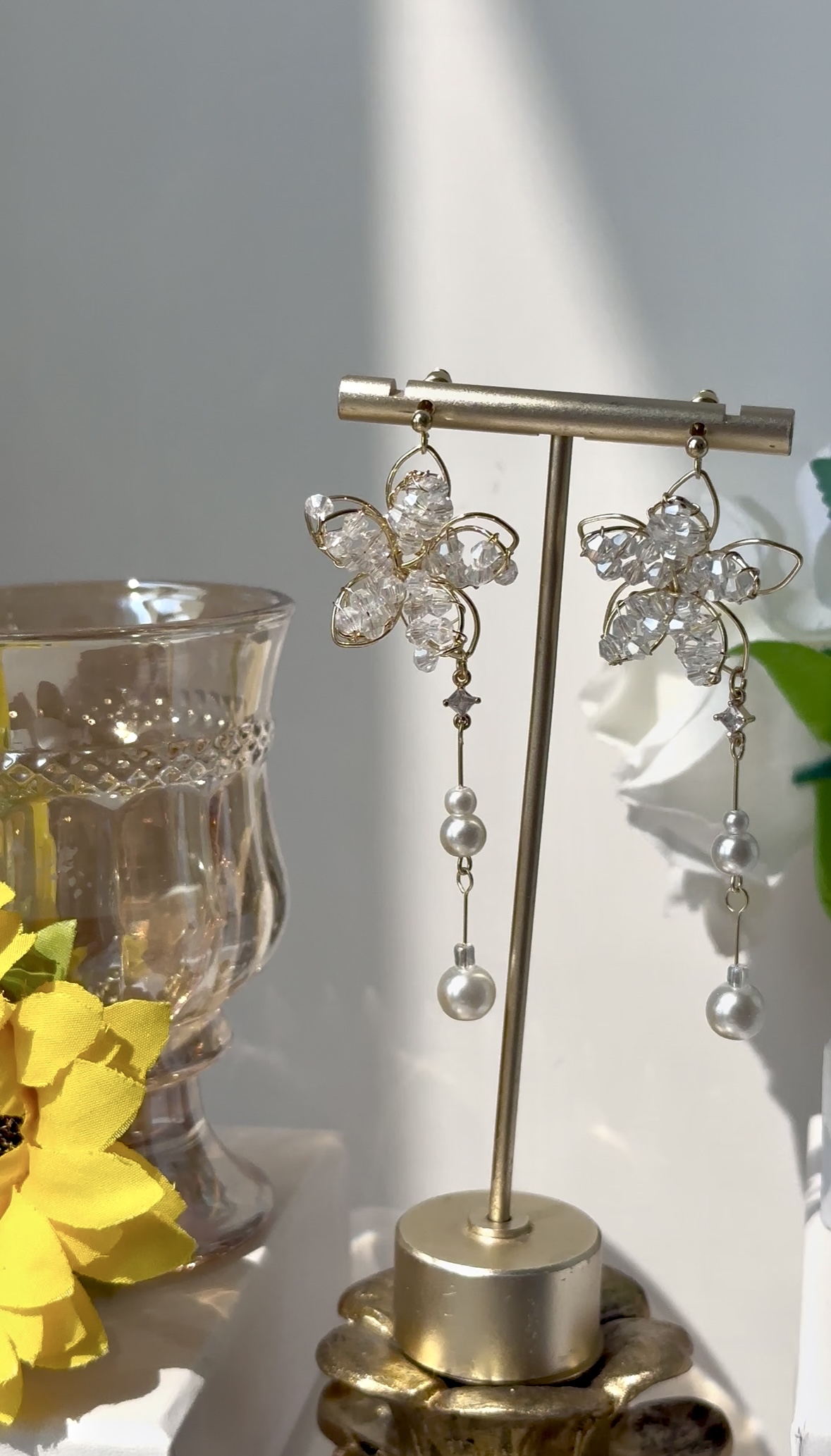 水晶珍珠花耳環💓