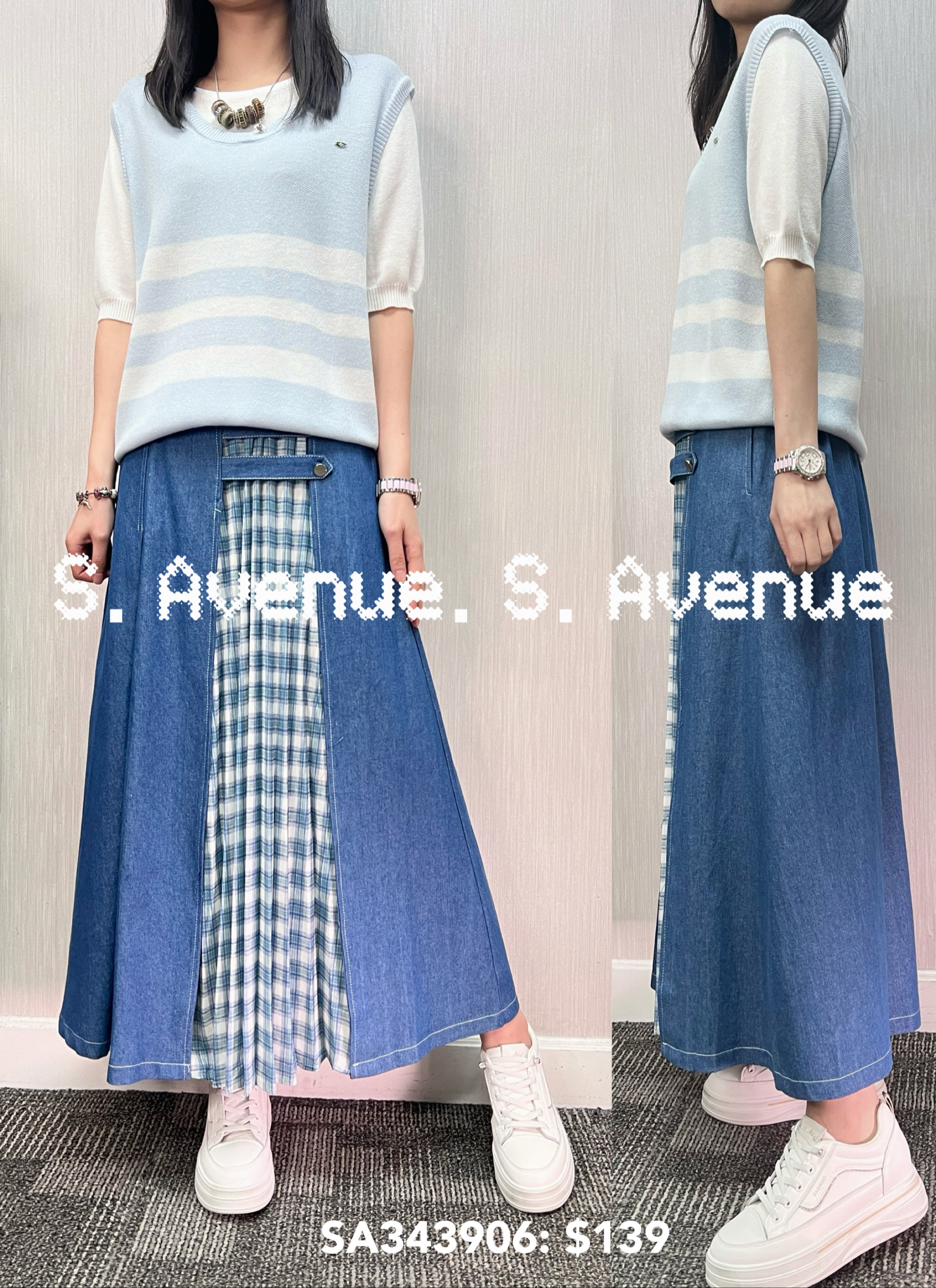 SA343906: 短袖間條假兩件線top