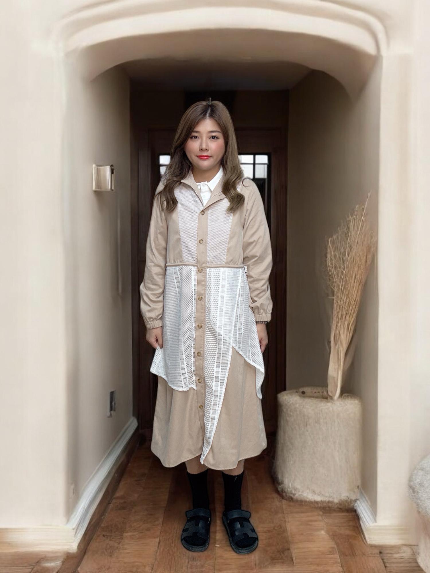 103546 BS 自家款 洗水磨毛布拼接條子網布連身裙外套