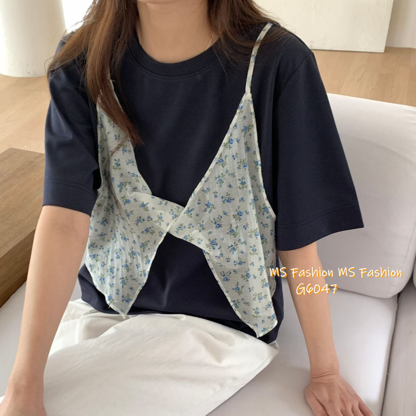 G6047 韓國🇰🇷假兩件拼碎花布top