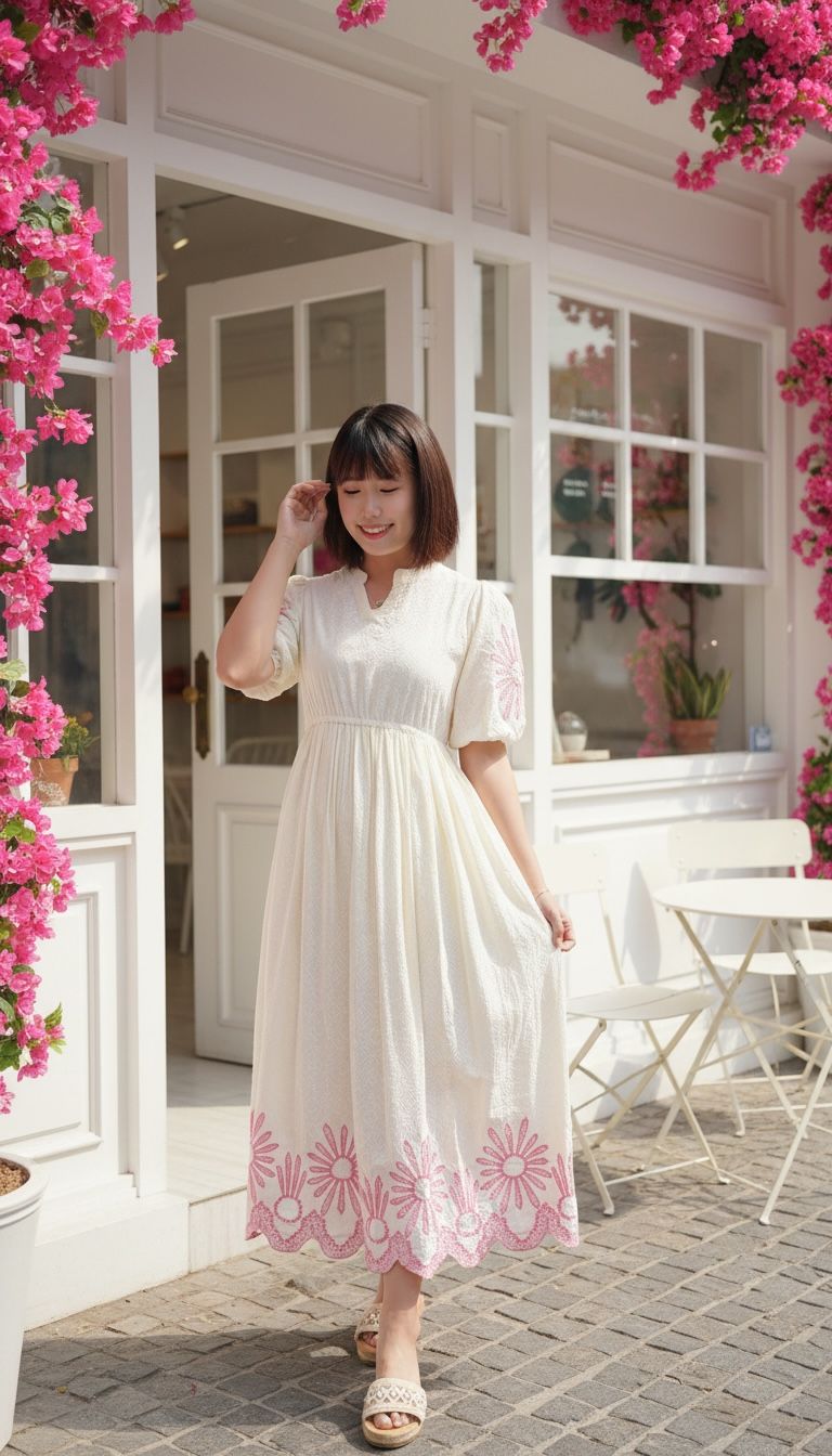 2203 Creamy White witth Pink Fafa Sleeve Emb OP 47"
