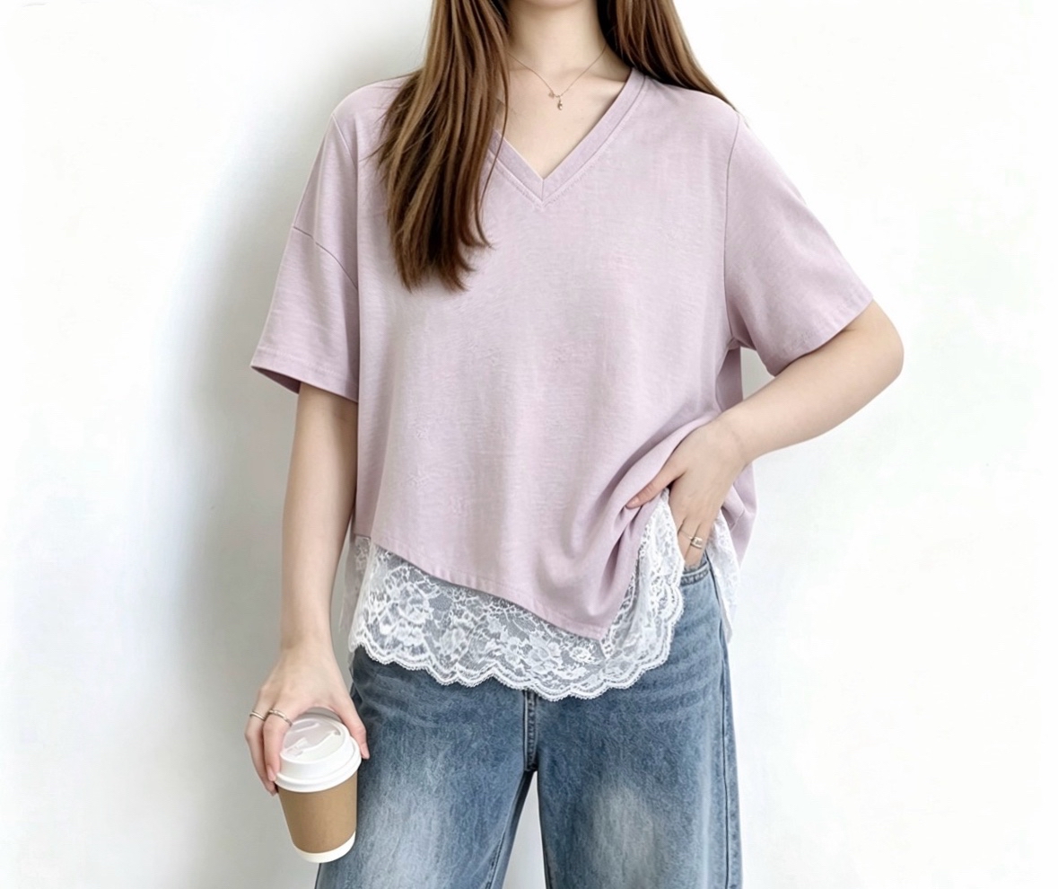 ☀️夏日優惠☀️ 假兩件柔粉拼接Lace Top