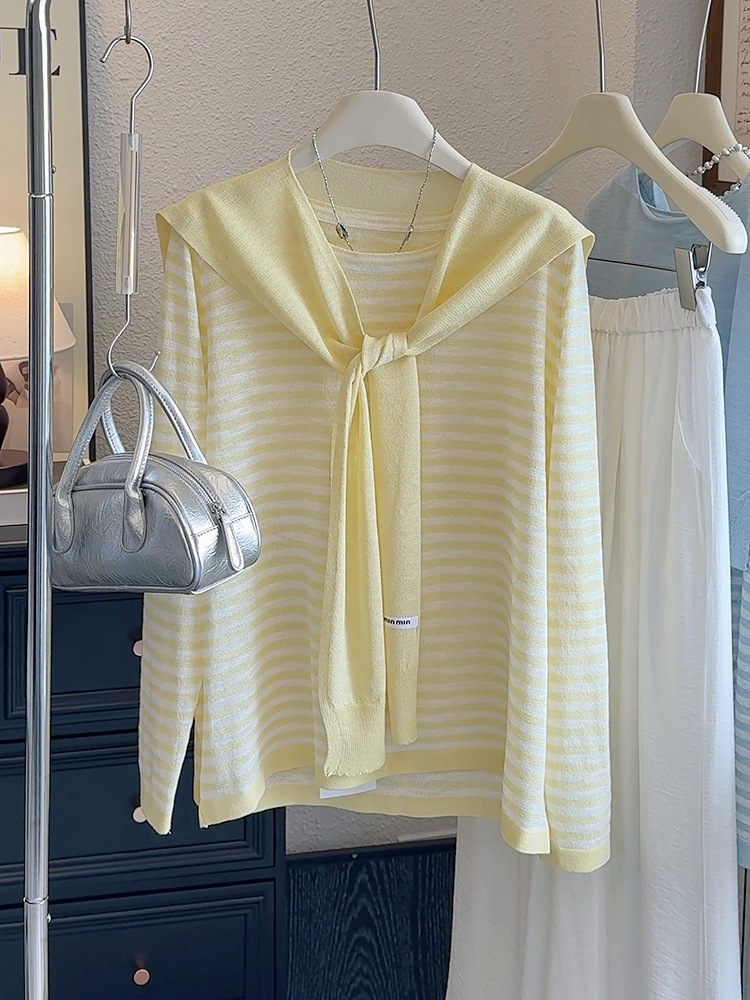 $110件。✨薄款條紋針織＋披肩綁結款｜韓系氣質套裝唔係普通兩件套！