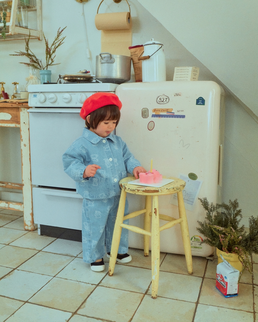 🌸預訂 韓國直送🌸🇰🇷OOTTBEBE兩色小熊滿印斜紋布牛仔外套