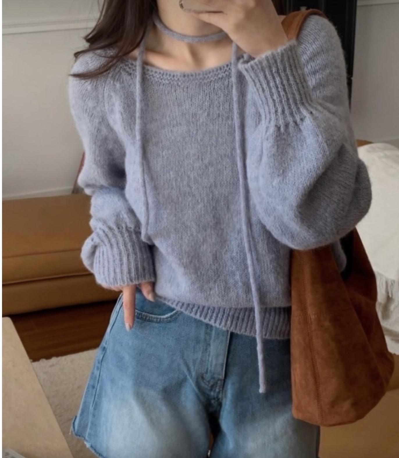 【 Goodbye Winter🩵泡泡感～船領兩穿連頸帶薄針織上衣🫧】Bubble Gum Scarf Set