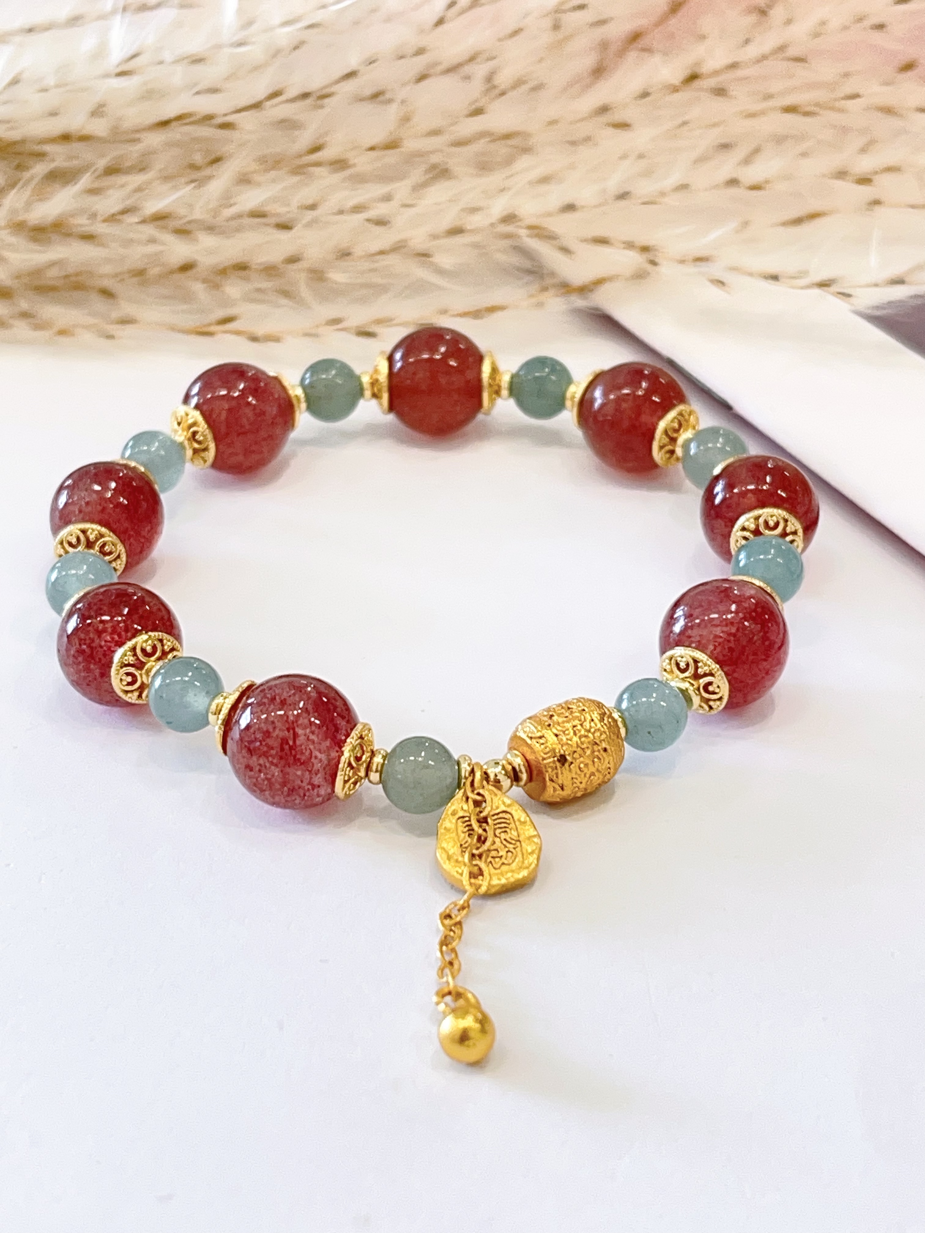 🍓 草莓晶 × 东陵玉手串 Strawberry Quartz & Aventurine  