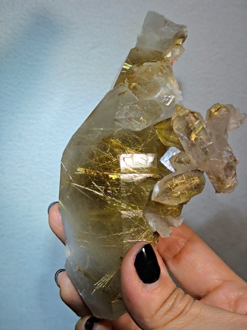 Golden titanium rutiles on black hematite in quartz cluster - RT1443