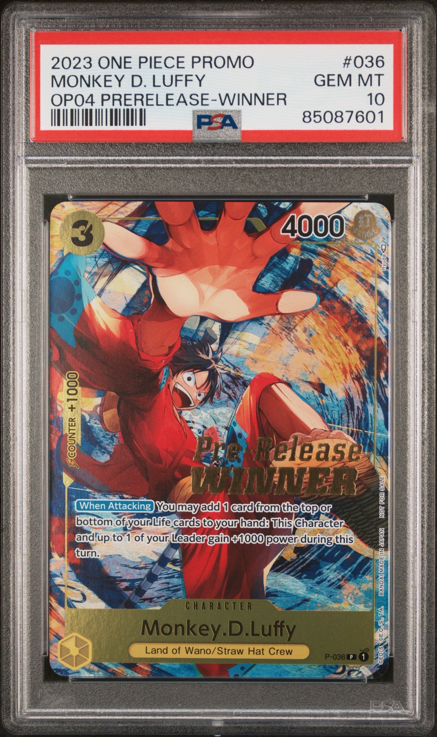 【PSA10】2023 One Piece Promo Monkey D. Luffy (OP04 Prerelease - WINNER)【P】{P-036}