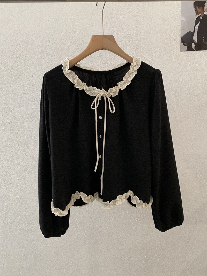 温柔风木耳边不规则波浪蝴蝶结上衣