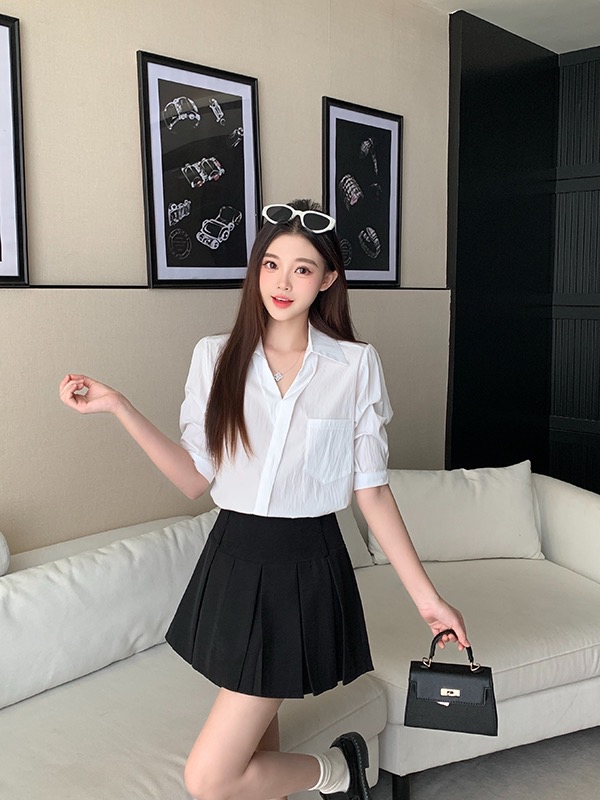 B148(3919) 韩系气质交叉翻领单口袋蓝白衬衫上衣 