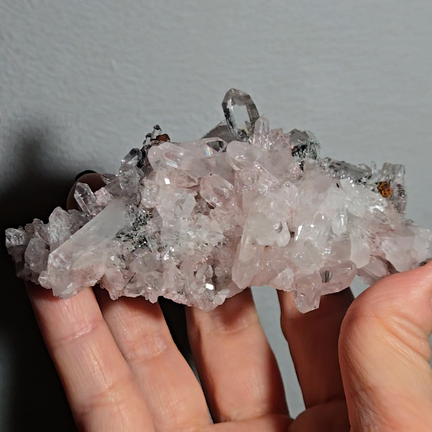 Pink Lemurian quartz cluster with green chlorite inclusions - LQ191