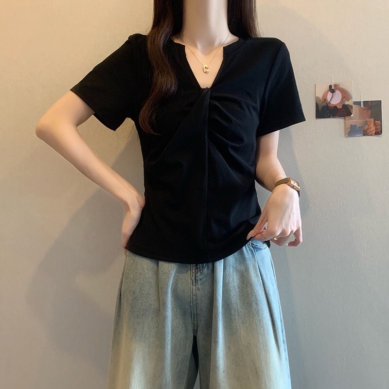 B335(16289) 韩版甜辣风领扭结褶皱显瘦黑上衣